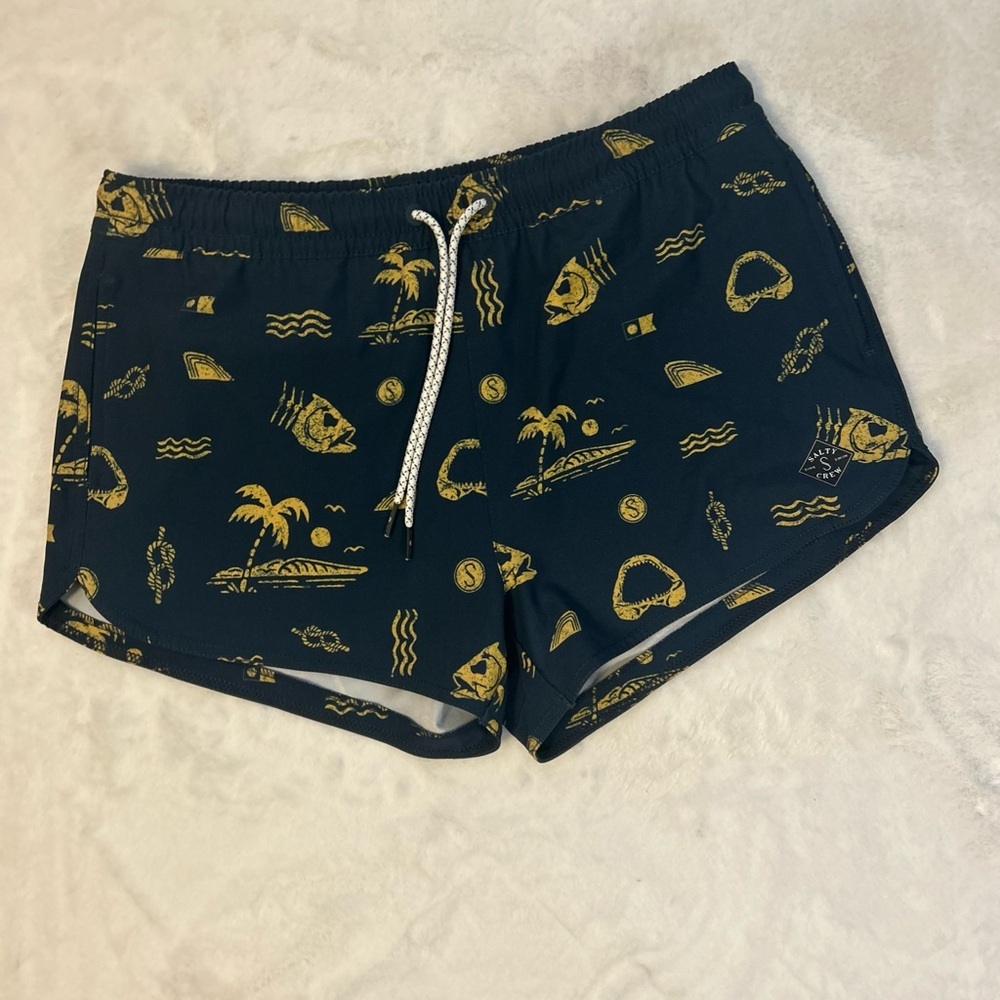 Salty Crew Women’s Swim Shorts Blue Gold Tropical Print Drawstring Medium